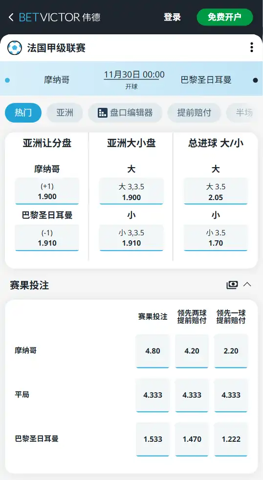 摩纳哥vs巴黎圣日耳曼-法甲博彩赔率和盘口信息-伟德(betvictor)提供