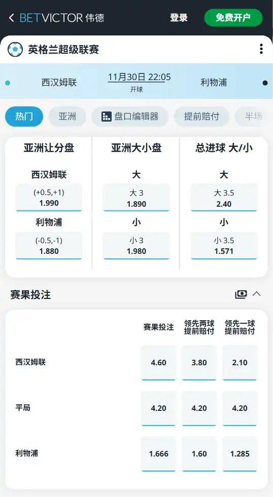 西汉姆联(主)vs 利物浦(客)- 英超博彩赔率和盘口信息-伟德(betvictor)提供