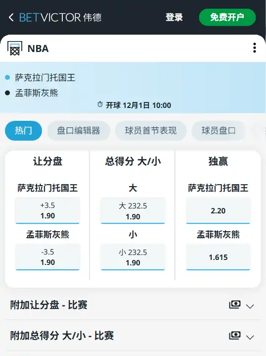 灰熊vs国王-NBA博彩赔率和盘口信息-伟德(betvictor)提供