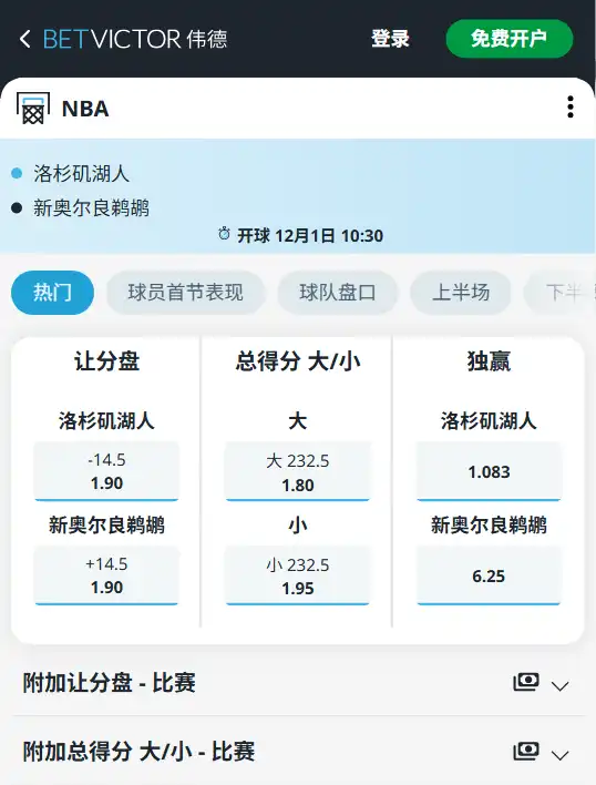 鹈鹕vs湖人-NBA博彩赔率和盘口信息-伟德(betvictor)提供